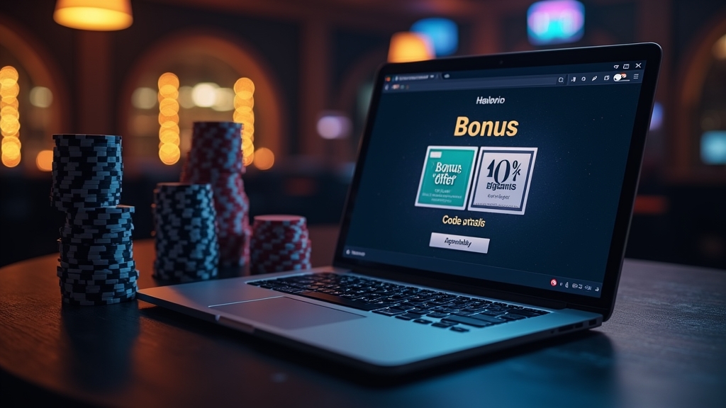 Laptop comparing casino bonus offers beside chips in a dark room