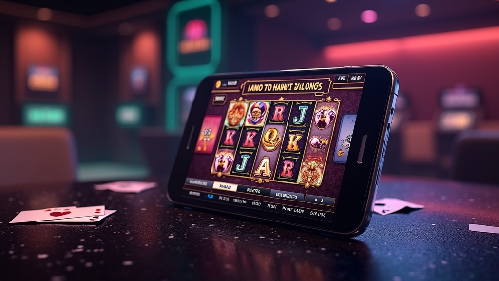 Smartphone displaying casino games and a bonus banner in a dark setting