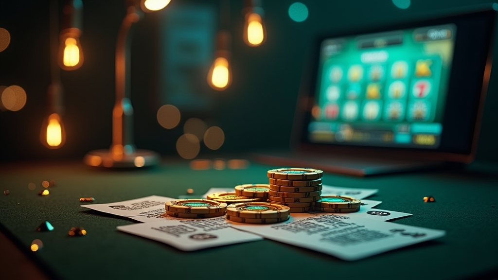 Bonus vouchers and a no deposit token in a dark casino scene