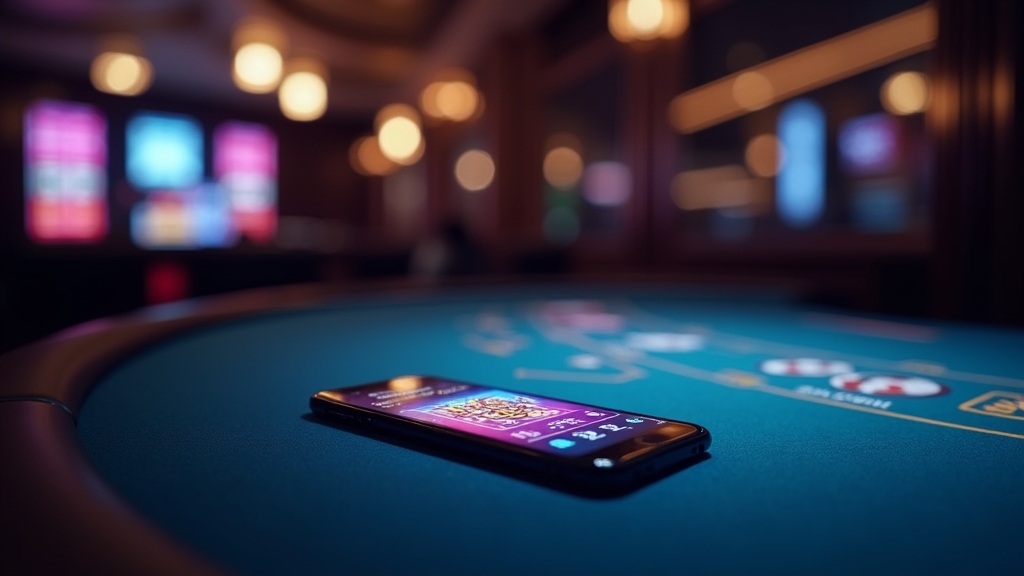 Smartphone showing a sleek mobile casino interface in a dark casino setting