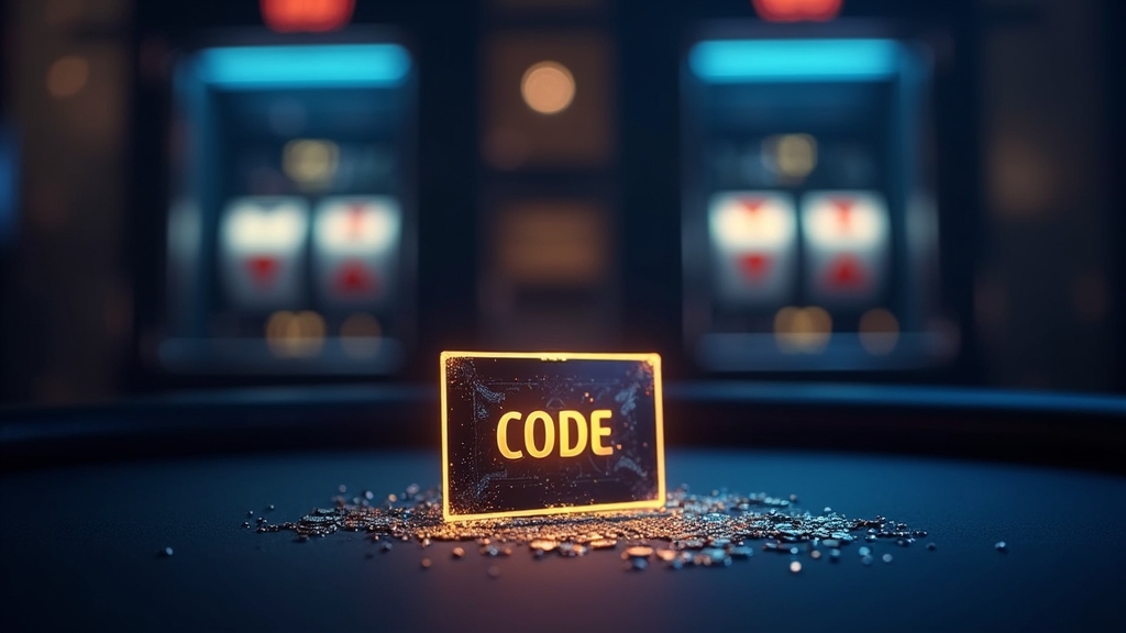 Glowing casino promo code card over a dark blackjack table